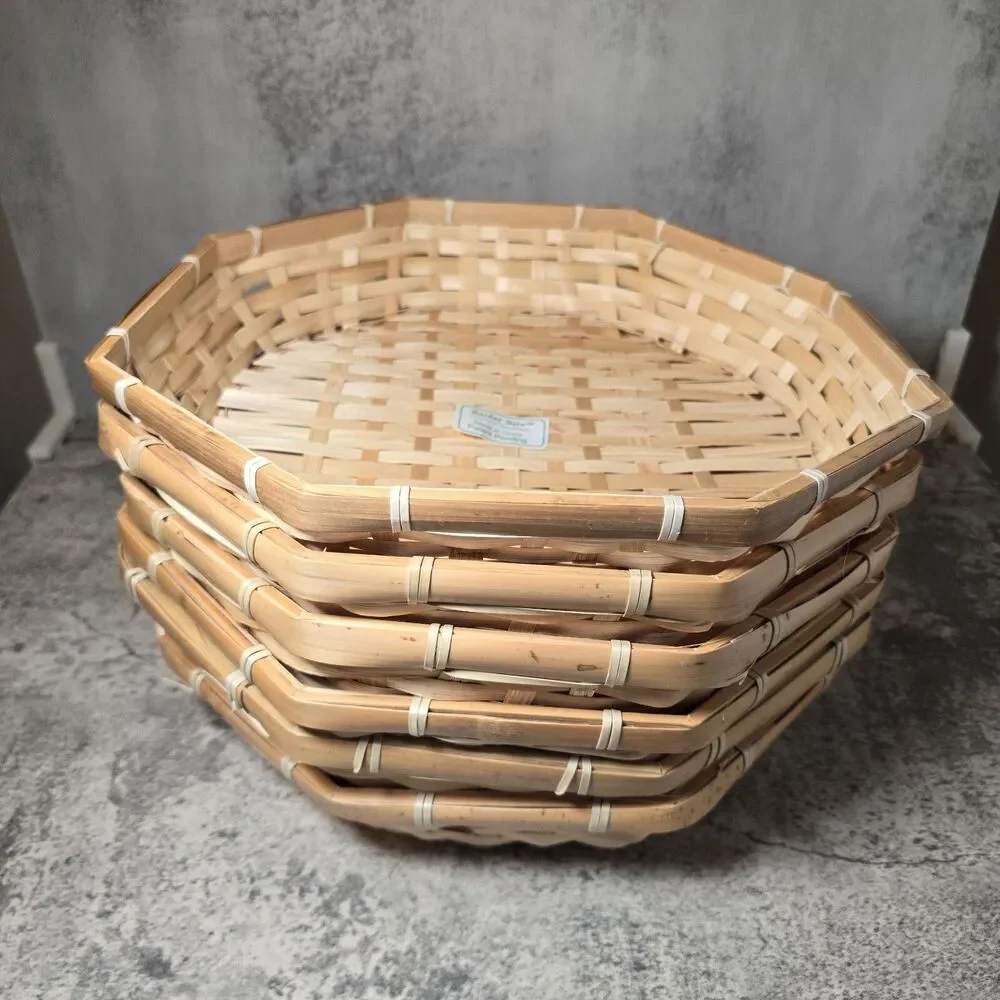 Vintage Handcrafted Wicker Trays Octagon Shape Snack Bamboo Basket Set X 6 pcs